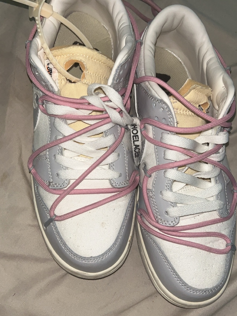 Off-White White Gray Pink Dual-Lace Low-Top Sneakers